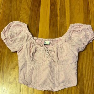 Hollister Crop lace-up puff sleeve blouse, Pink, Size XXS